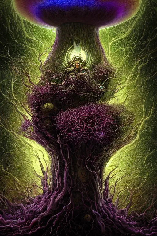 Prompt: enormous mushroom sentience deity of the stars resides inside void manifold, mycelium branches as quantum foam, fractal of scary dirac equations, portrait by ross tran, timeline nexus, ascending universes, a dnd illustration of esoteric concept by cgsociety and james gurney, artstation, hdr, rtx, iridescent wise mushroom deity