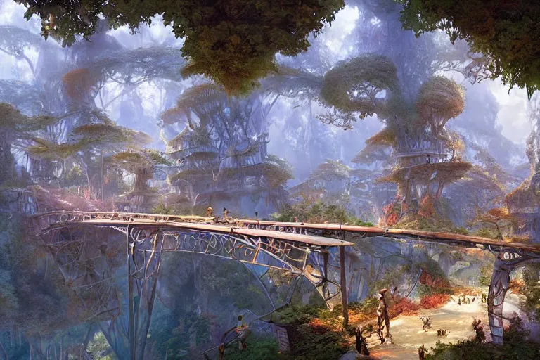 Image similar to one point perspective fantasy treetop village bridge view by artgerm and Craig Mullins, James Jean, Andrey Ryabovichev, Mark Simonetti and Peter Morbacher 16k