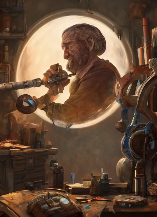 Prompt: An epic fantasy comic book style portrait painting of a an old tinker fat man working on a device in her workshop in the style of the wheel of time, unreal 5, DAZ, hyperrealistic, octane render, cosplay, RPG portrait, dynamic lighting