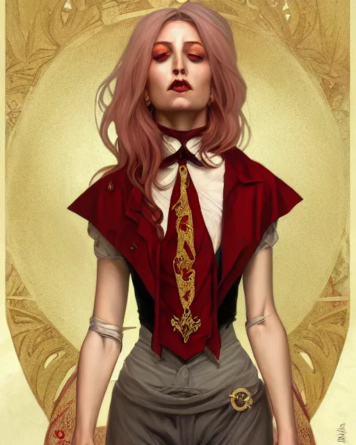 Image similar to female queen vampire, perfect face, gold waistcoat, red shirt, long grey hair, red necktie, cinematic, stunning, highly detailed, digital painting, artstation, smooth, hard focus, illustration, art by artgerm and greg rutkowski and alphonse mucha