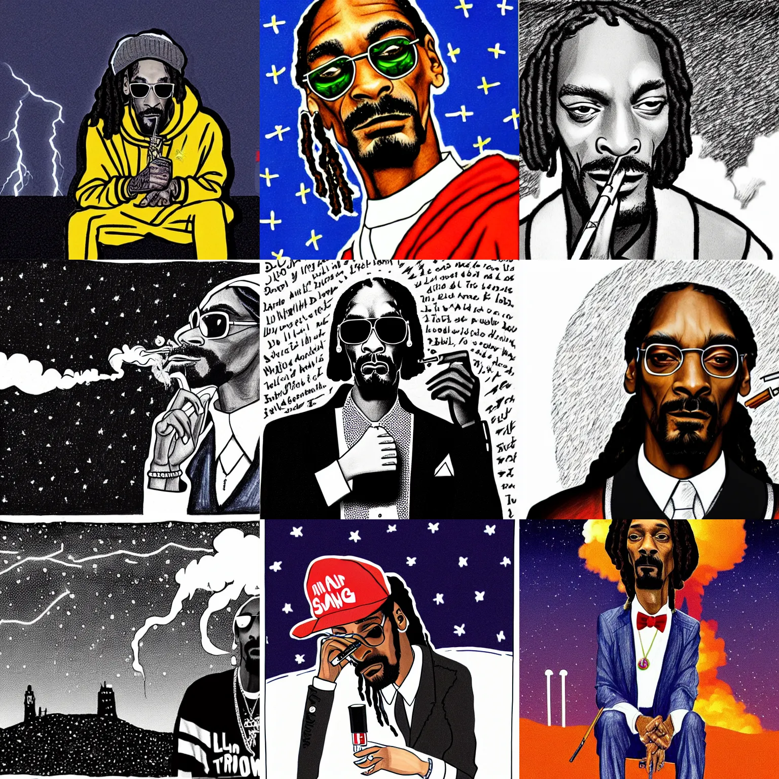 Prompt: a hand drawn image of snoop dogg smoking a joint with donald trump, sitting on top of a large black tower during a cold winter night, lightning in the background
