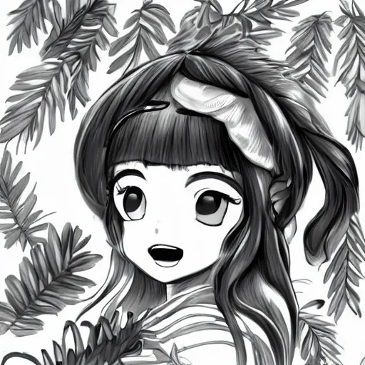 Image similar to an digital illustration of reimu in the jungle wearing bonnet