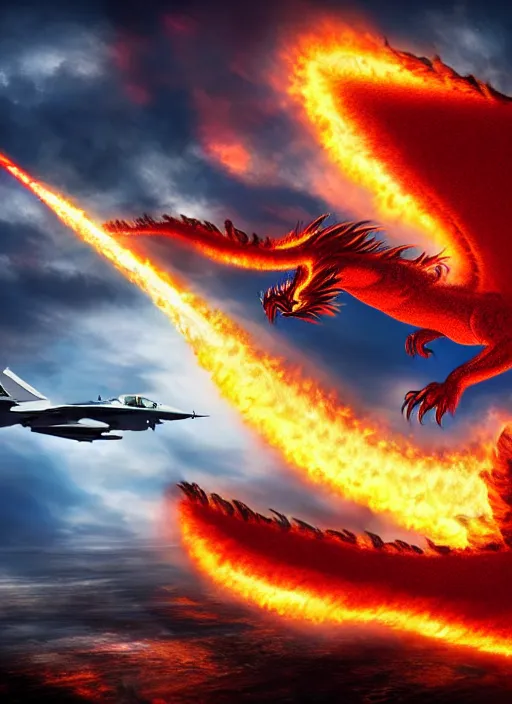 Prompt: a majestic firedragon creature fighting a fighter jet, 8 k, magic realism, beautiful composition