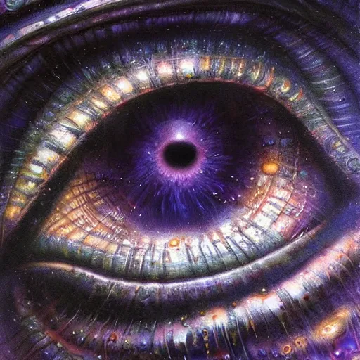 Image similar to low angle shot of a eye leaking black oil with the galaxy in the iris by clive barker, intricate, elegant, highly detailed, centered, digital painting, artstation, concept art, smooth, sharp focus, illustration, artgerm, Tomasz Alen Kopera, Peter Mohrbacher donato giancola, Joseph Christian Leyendecker, WLOP, Boris Vallejo.