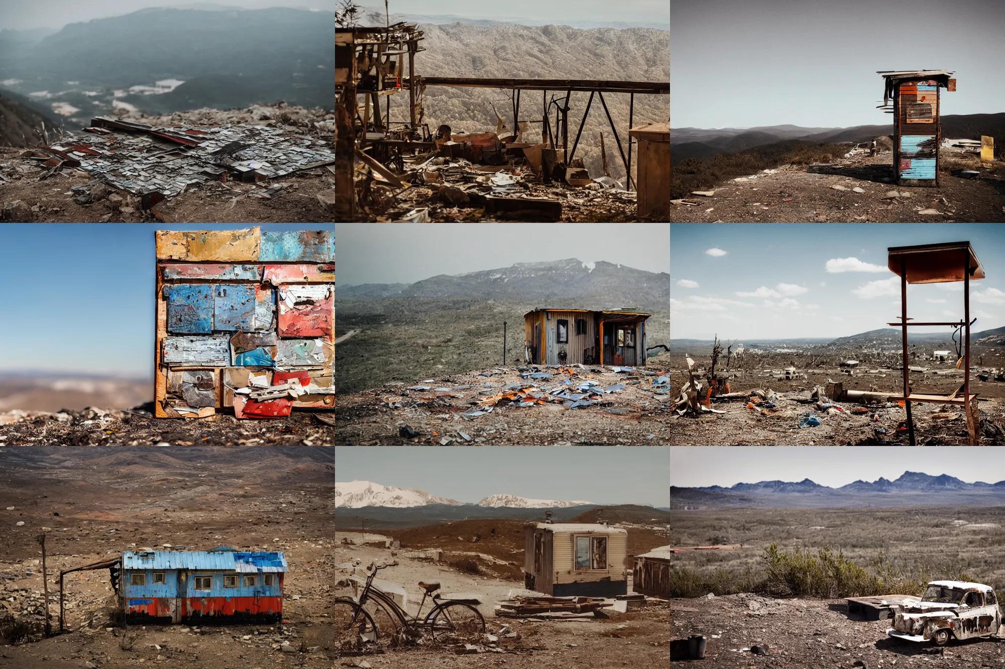 Prompt: travel photography, a motel made of tin scraps and scrap wood, at the top of a mountain, overlooking a desolate wasteland, depth of field, bokeh