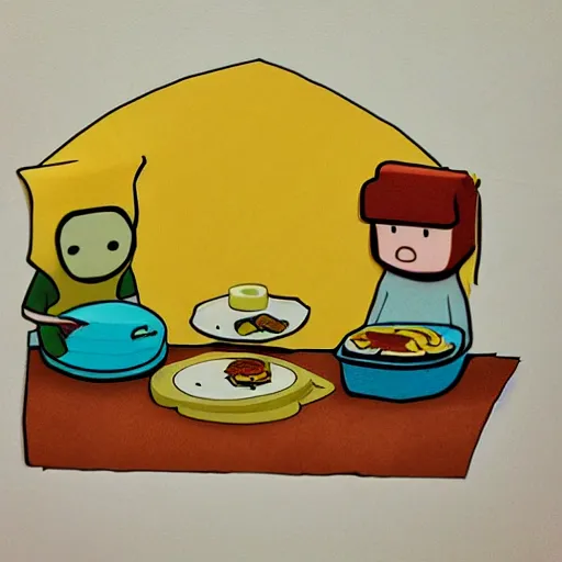 Image similar to Finn and Jake having dinner, layered paper style