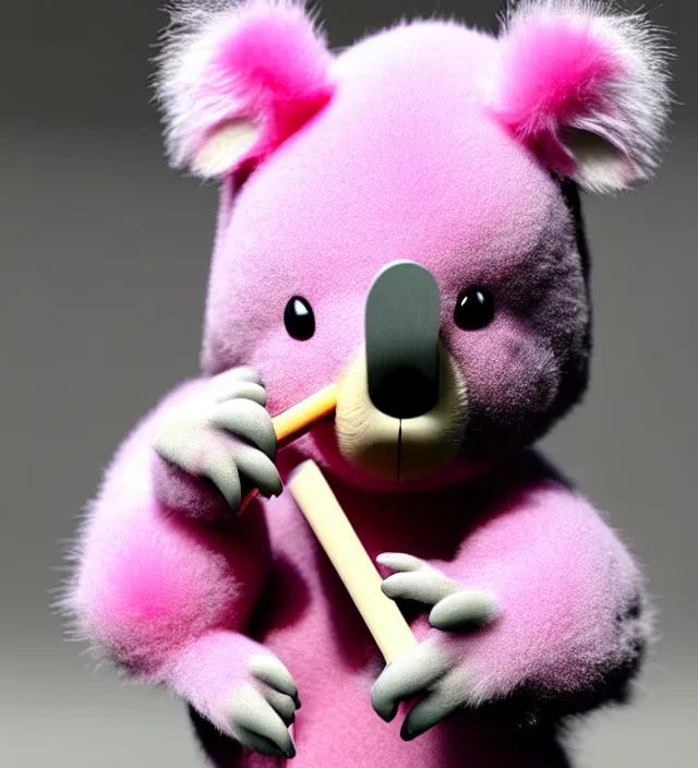 Image similar to high quality 3 d render hyperrealistic very cute small pink koala smoking weed joint, rising smoke, plush mascot, short spiky dense fluffy smooth hair, photo from the side, pink fluffy fur, 1 5 0 mm, beautiful natural soft light, rim light, vray, smooth background, artstation, ultra detailed