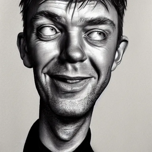 Image similar to Caricature portraits done of Damon Albarn, realistic, hyperrealistic, very realistic, highly detailed, very detailed, extremely detailed, detailed, oil painting, digital art, trending on artstation