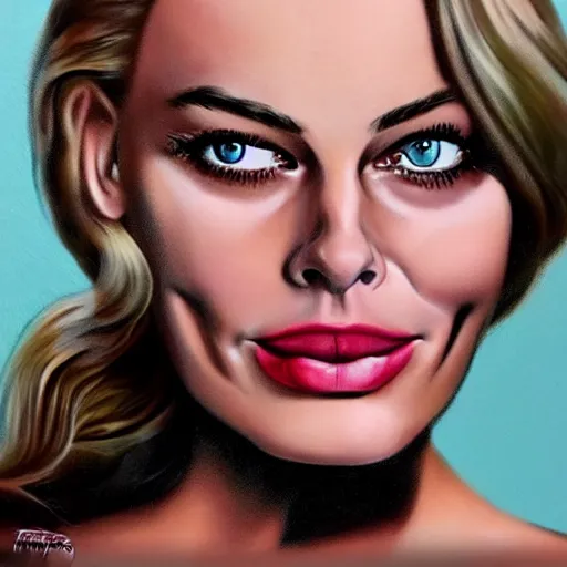 Image similar to an airbrushed caricature portrait of margot robbie