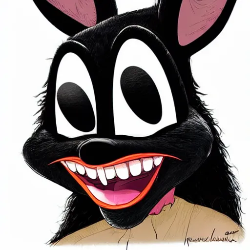 Image similar to A extremely highly detailed majestic hi-res beautiful, highly detailed head and shoulders portrait of a scary terrifying, horrifying, creepy black cartoon rabbit with scary big eyes, earing a shirt laughing, hey buddy, let's be friends, in the style of Walt Disney