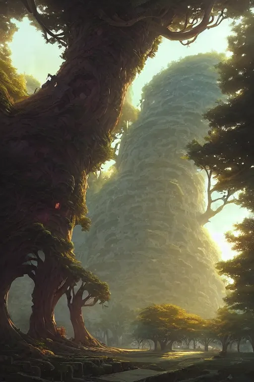 Image similar to a city built on a giant tree, unreal engine, fantasy art by greg rutkowski, loish, rhads, ferdinand knab, makoto shinkai and lois van baarle, ilya kuvshinov, rossdraws, tom bagshaw, global illumination, radiant light, detailed and intricate environment