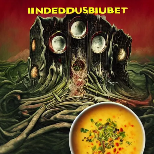 Image similar to indestructible by disturbed album cover made out of a bowl of soup