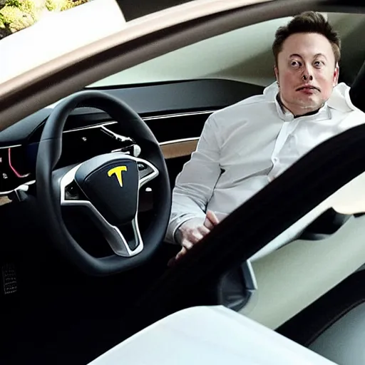 Prompt: “Elon musk the discord moderator who is so white from no sunlight. Eyes red from looking at the screen for too long. Sitting in his Tesla using the car screen as a computer.”