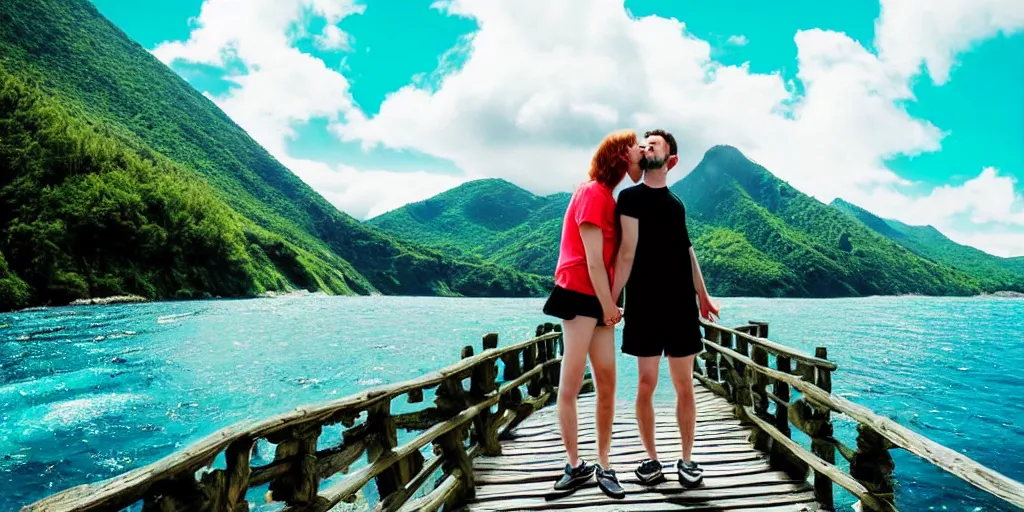 Prompt: dream, photo realism, beautiful nature, sunny day, sunshine lighting high mountains, which are higher than white fluffy clouds with green trees on top, a small wooden bridge connecting two mountains, a loving couple a cute skinny redhead girl in a blue dress, and man with black hair in white t-shirt and black shorts, couple holding hands and kissing, ocean beneath the mountains with clear blue water, whales showing from the waves, cinematic, 8k, highly detailed