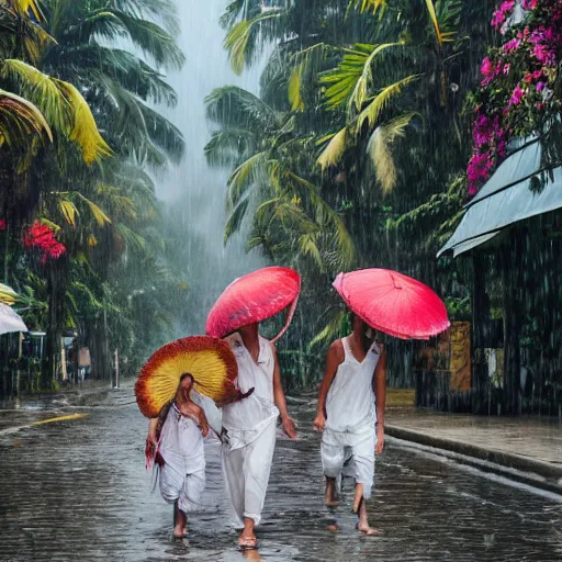 Image similar to monsoon on tropical island, attractive oriental native in white, frontal, ornate, beautiful, atmosphere, vibe, mist, coconuts, rain, wet, pristine, puddles, melting, dripping, snow, creek, lush, ice, bridge, forest, roses, flowers, concept art, luis rollo, ruan jia, steve mccurry, john berkey