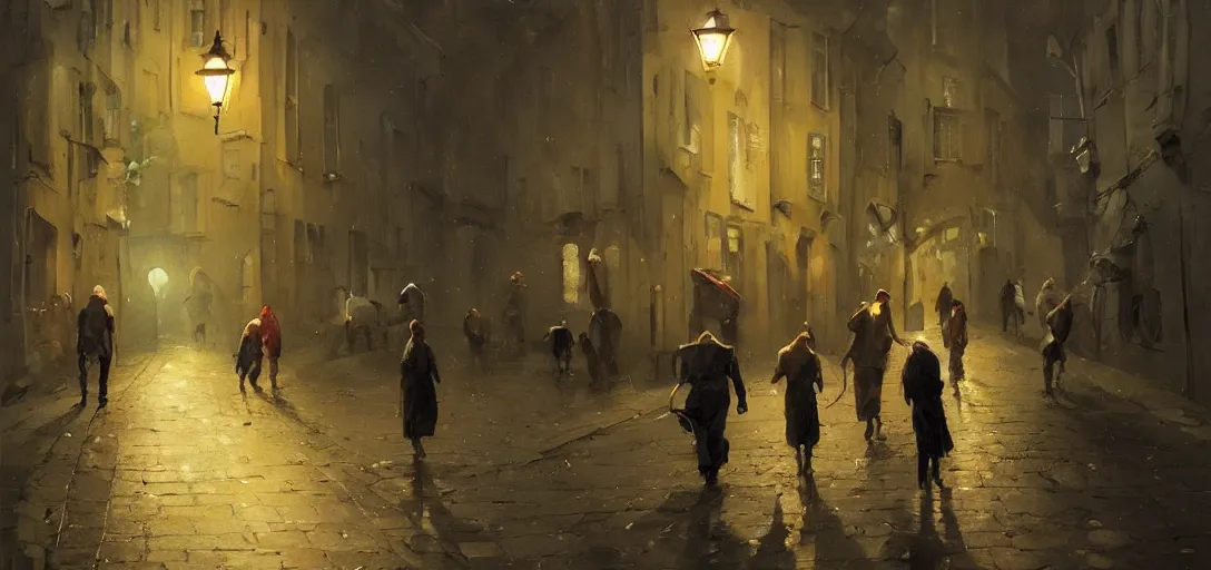 Image similar to a painting of a group of people walking down an old cobbled street at night with street lamps and houses, by Sergey Kolesov, Stanley Artgermm, Tom Bagshaw, Greg Rutkowski, Carne Griffiths, trending on Artstation, 8k, masterpiece, graffiti paint, dishonored, fine detail, full of color, intricate detail