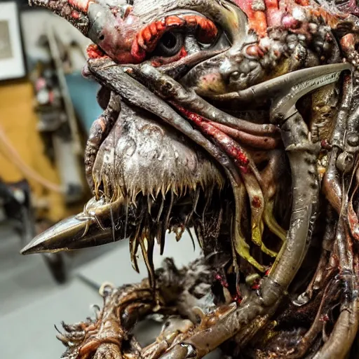 Image similar to photo taken of an epic intricate, ultra detailed, super realistic gritty, hero prop, exquisitely painted animatronic movie prop of a wet slimy grotesque nightmarish hellish winged avian creature displayed in the workshop, created by weta workshop, full body shot, photorealistic, sharp focus