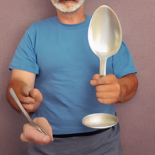 Prompt: a man with a comically large spoon