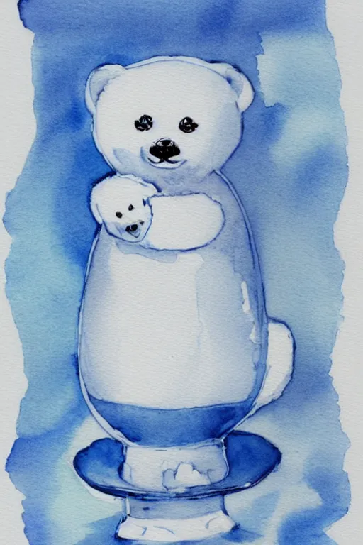 Prompt: a cute anime polar bear in a blue and white porcelain vase, watercolor, white background, lovely