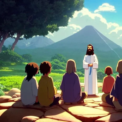 Image similar to a wholesome animation key shot of jesus christ teaching his disciples sitting on a pile of rocks, medium shot, waist up, studio ghibli, pixar and disney animation, sharp, rendered in unreal engine 5, anime key art by greg rutkowski, bloom, dramatic lighting