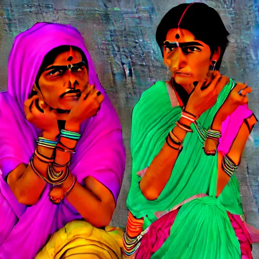 Image similar to aesthetic painting of indian rural women talking, trending on artstation, detailed digital art