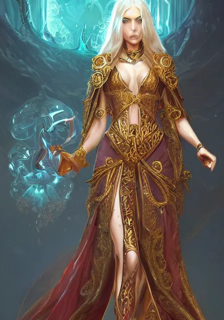 Prompt: beautiful female fantasy sorceress dressed in ornate robes, intricate, elegant, highly detailed, digital painting, artstation, concept art, smooth, sharp focus, illustration