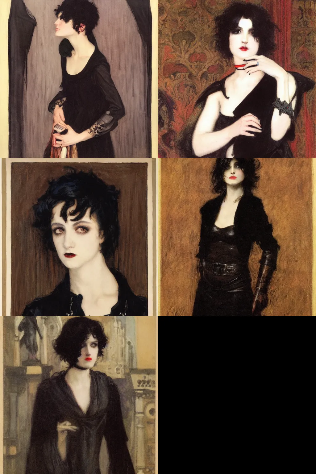 Prompt: goth by edwin austin abbey. high - quality character portrait. short dark brown messy pixie haircut, large black eyes, slightly rounded face, pointed chin, small nose, black tank top, black leather jacket, black knee - length skirt, black choker.