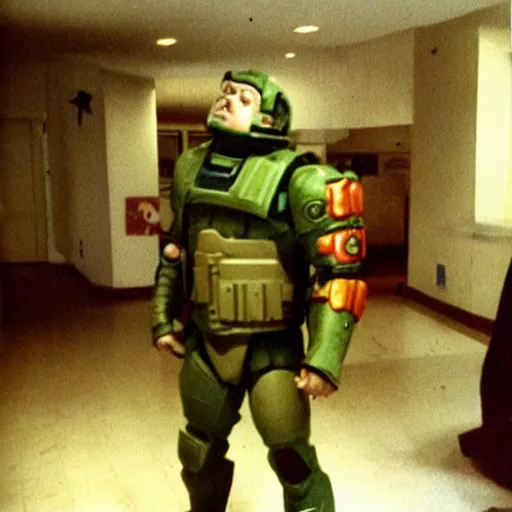 Prompt: doomguy cosplay, analog photography, 9 0 s