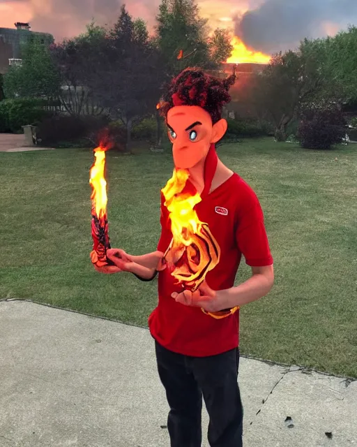 Image similar to [ squidward ] wearing fire nation clothing and practicing firebending outside at susnset