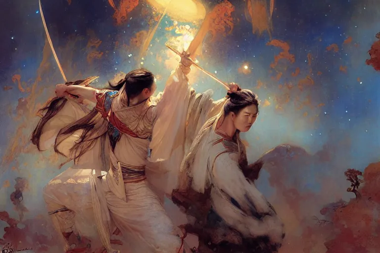 Image similar to wuxia, space, painting by gaston bussiere, craig mullins, j. c. leyendecker