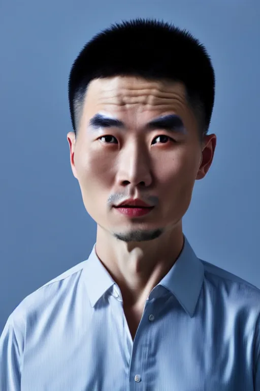 Prompt: high quality 35mm photo handsome very expressive translucent chinese man with highly detailed eric zener elson peter cinematic blue lighting high angle hd 8k sharp shallow depth of field
