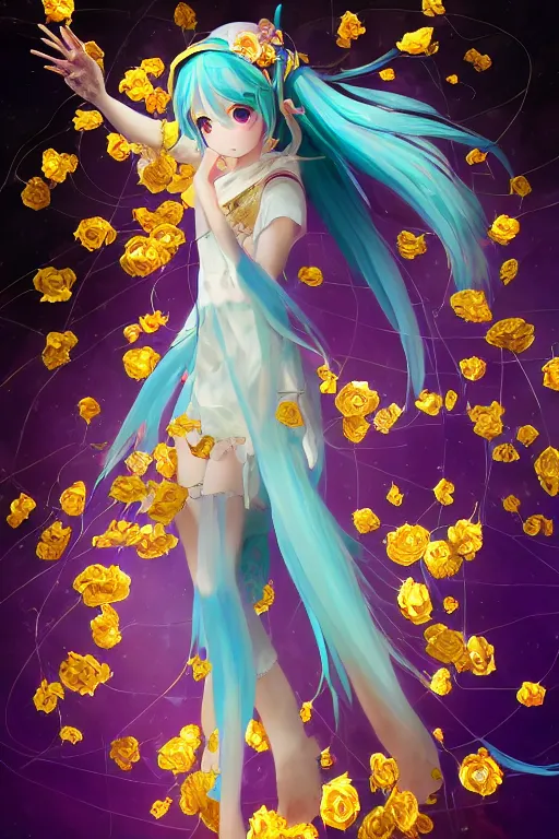 Prompt: breathtaking detailed soft painting ofhatsune miku with amethyst wings and golden ribbons in kimi no na wa sky, art nouveau golden rose flowers floating around, detailed, rembrandt style, volumetric lighting, concept art, matte, sharp focus, by celestialfang, matchach, juanmao, dustin panzino, trending on artstation