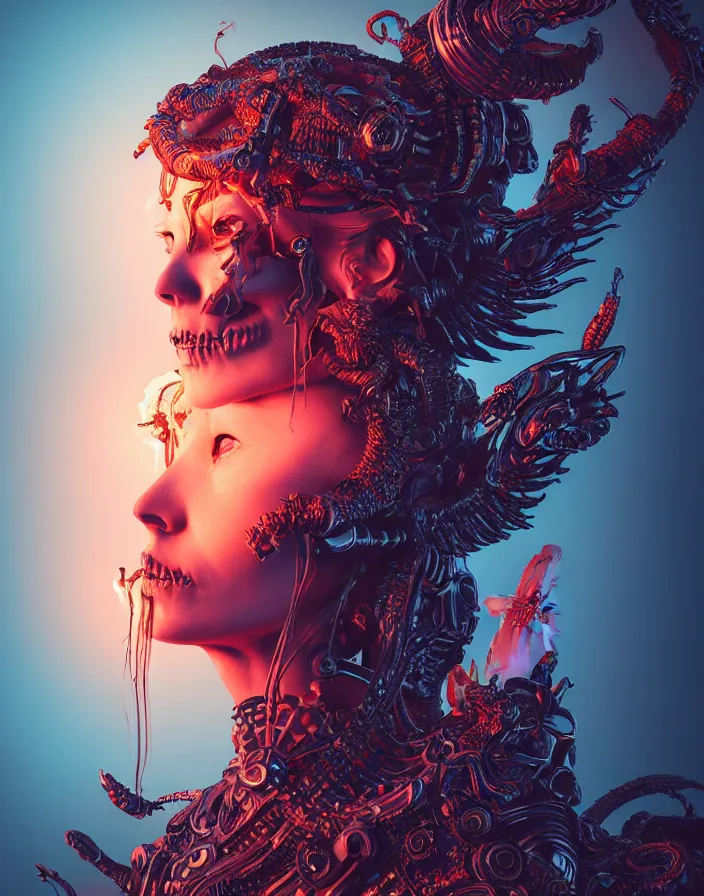 Prompt: demon goddess close-up portrait tribal slavic russian princess skull, sitting on intricate throne, ancient high tech, cyberpunk, dystopian, jellyfish phoenix dragon, butterfly squid, burning halo, intricate artwork by Tooth Wu and wlop and beeple, greg rutkowski, very coherent symmetrical artwork, cinematic, hyper realism, high detail, octane render, unreal engine, 8k, Vibrant colors, Smooth gradients, High contrast, depth of field, aperture f1.2