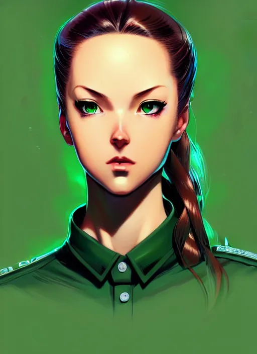 Image similar to a comic portrait of cammy, fine - face, realistic shaded perfect face, fine details. green - ish cosmic setting. very anime style. realistic shaded lighting poster by ilya kuvshinov katsuhiro, magali villeneuve, artgerm, jeremy lipkin and michael garmash, rob rey and kentaro miura style, trending on art station