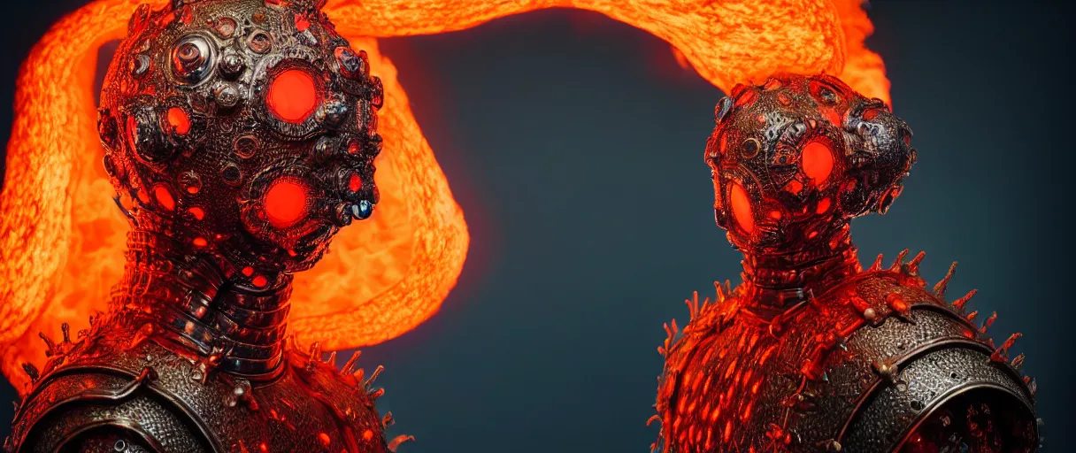 Image similar to hyperrealist highly detailed english medieval portrait of high fashion monster wearing flame fire smoke flame armor, radiating atomic neon corals, veiny network growth with neon uranium pattern, concept art pascal blanche dramatic studio lighting 8k wide angle shallow depth of field