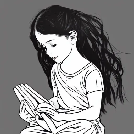 Image similar to clean simple line art of a little girl with short wavy curly light brown hair and blue eyes, reading a book. no background. well composed, clean, black and white, beautiful detailed face line art by ilya kuvshinov and alphonse mucha