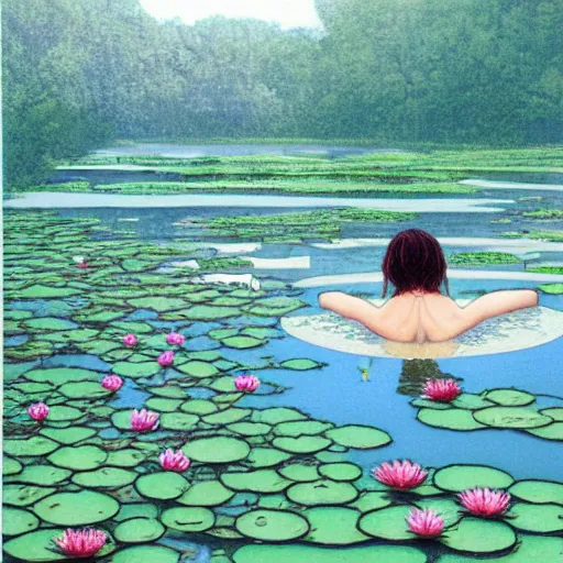 Image similar to A girl bathes in a lake where water lilies are floating, art by moebius, High definition, detailed,