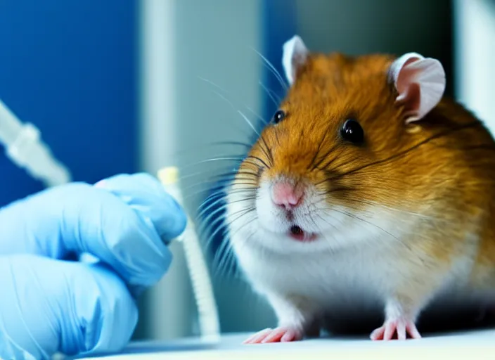 Image similar to film still of a hamster working in a research lab finding the cure for cancer, 8 k