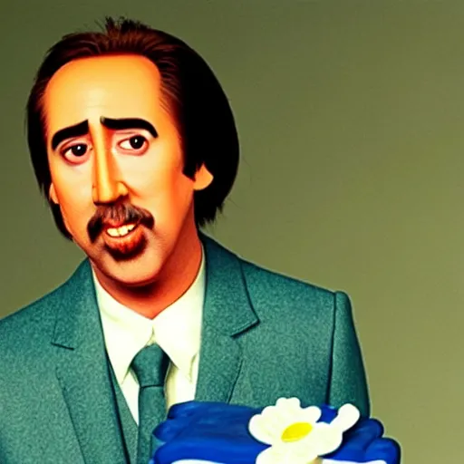 Image similar to nicholas cage holding a birthday cake in the style of 1 9 7 0 s bbc stop motion, oliver postgate