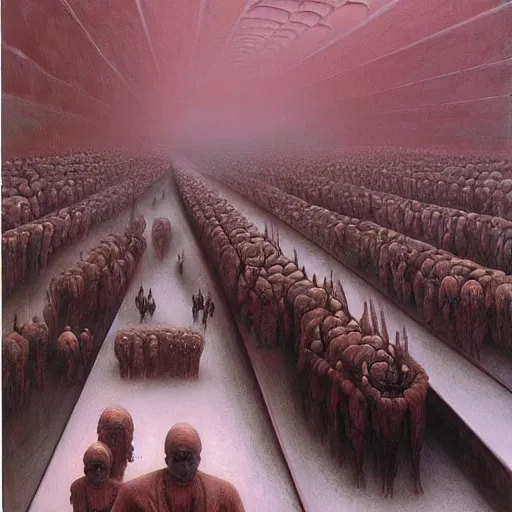 Image similar to a very crowded morning subway station, painted by zdzisław beksinski,