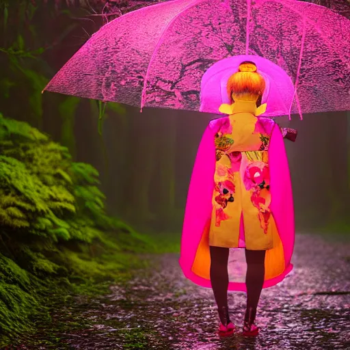 Prompt: photo of kitsune, very detailed, neon, pink, japan, forest, rain, umbrella, ultra, fashion