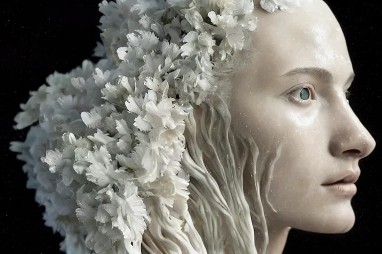 Image similar to a sculpture of a stunningly beautiful woman with flowing tears, fractal flowers on the skin, intricate, a marble sculpture by nicola samori, behance, neo - expressionism, marble sculpture, made of mist, still frame from the prometheus movie by ridley scott with cinematogrophy of christopher doyle, arri alexa, 8 k