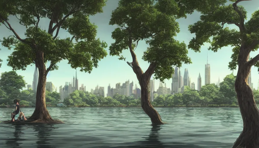 Image similar to new york city with a lake, beautiful ancient trees, hiding large treasure chest, serene evening atmosphere, soft lens, soft light, cel - shading, animation, in the style of cgsociety, deviantart, artstation, zbrush, cinema 4 d, studio ghibli, akihiko yoshida, atelier lulua, masamune shirow