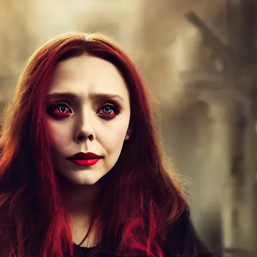 Image similar to Elizabeth Olsen as the Scarlet Witch in emo attire and heavy alt makeup, trending on artstation, gloomy atmosphere, photorealistic facial features, 4k, 8k