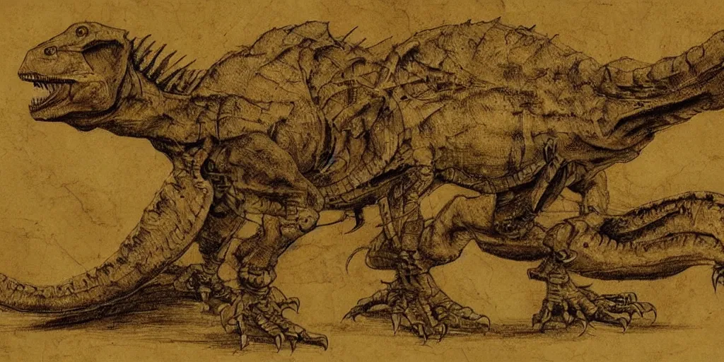 Image similar to leonardo da vinci's technical sketch of a robotic dinosaur, highly detailed