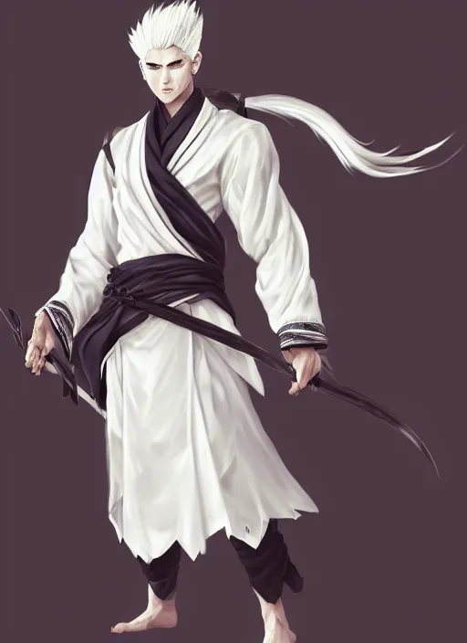 Prompt: a highly detailed illustration of fierce white haired attractive young japanese man wearing white hakama, black eyes, dramatic serious pose, muscular, intricate, elegant, highly detailed, centered, digital painting, artstation, concept art, smooth, sharp focus, league of legends concept art, wlop