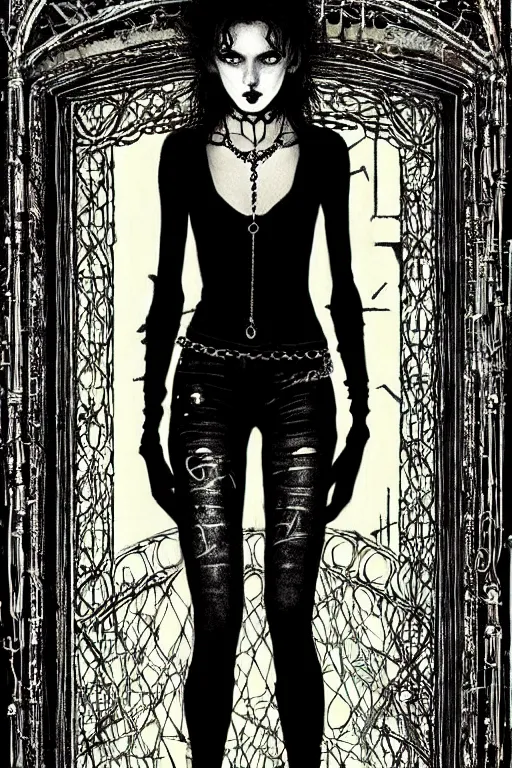 Prompt: dreamy gothic girl, black leather slim clothes, chains, hall of cracked mirrors, beautiful body, detailed acrylic, grunge, intricate complexity, by dan mumford and by alberto giacometti, peter lindbergh
