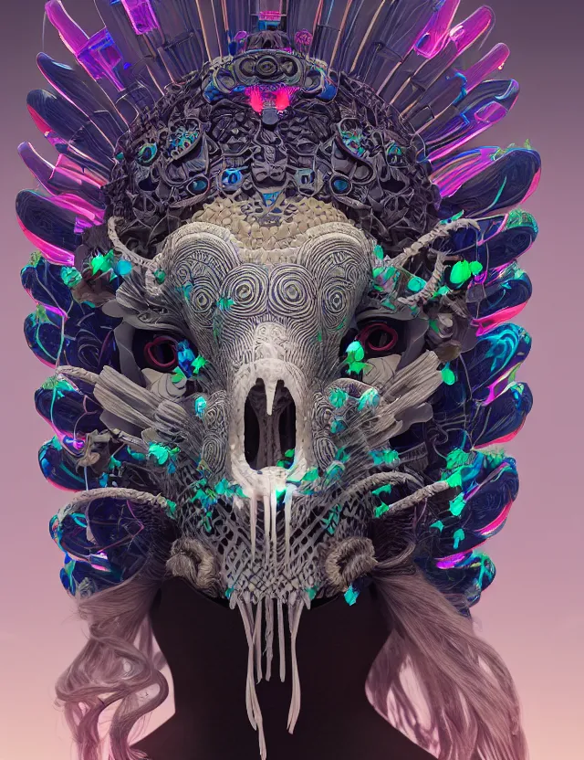 Image similar to 3 d goddess close - up profile solarpunk portrait ram skull. beautiful intricately detailed japanese crow kitsune mask and clasical japanese kimono. betta fish, jellyfish phoenix, bio luminescent, plasma, ice, water, wind, creature, artwork by tooth wu and wlop and beeple and greg rutkowski