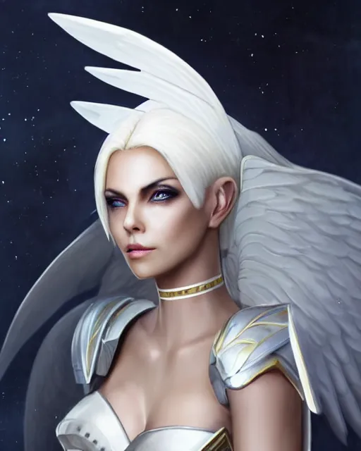 Prompt: perfect white haired egyptian goddess wearing white dove wings, warframe armor, regal, attractive, ornate, sultry, beautiful, charlize theron, pretty face, blue eyes, detailed, scifi platform, 4 k, ultra realistic, epic lighting, android body, illuminated, cinematic, masterpiece, art by akihito tsukushi, voidstar, artgerm