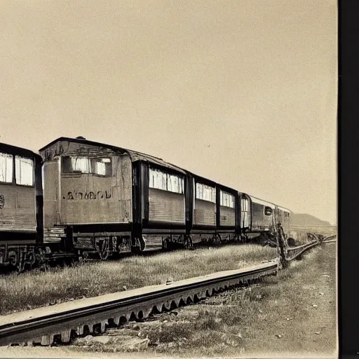 Prompt: old black and white photo of a train, highly detailed painting
